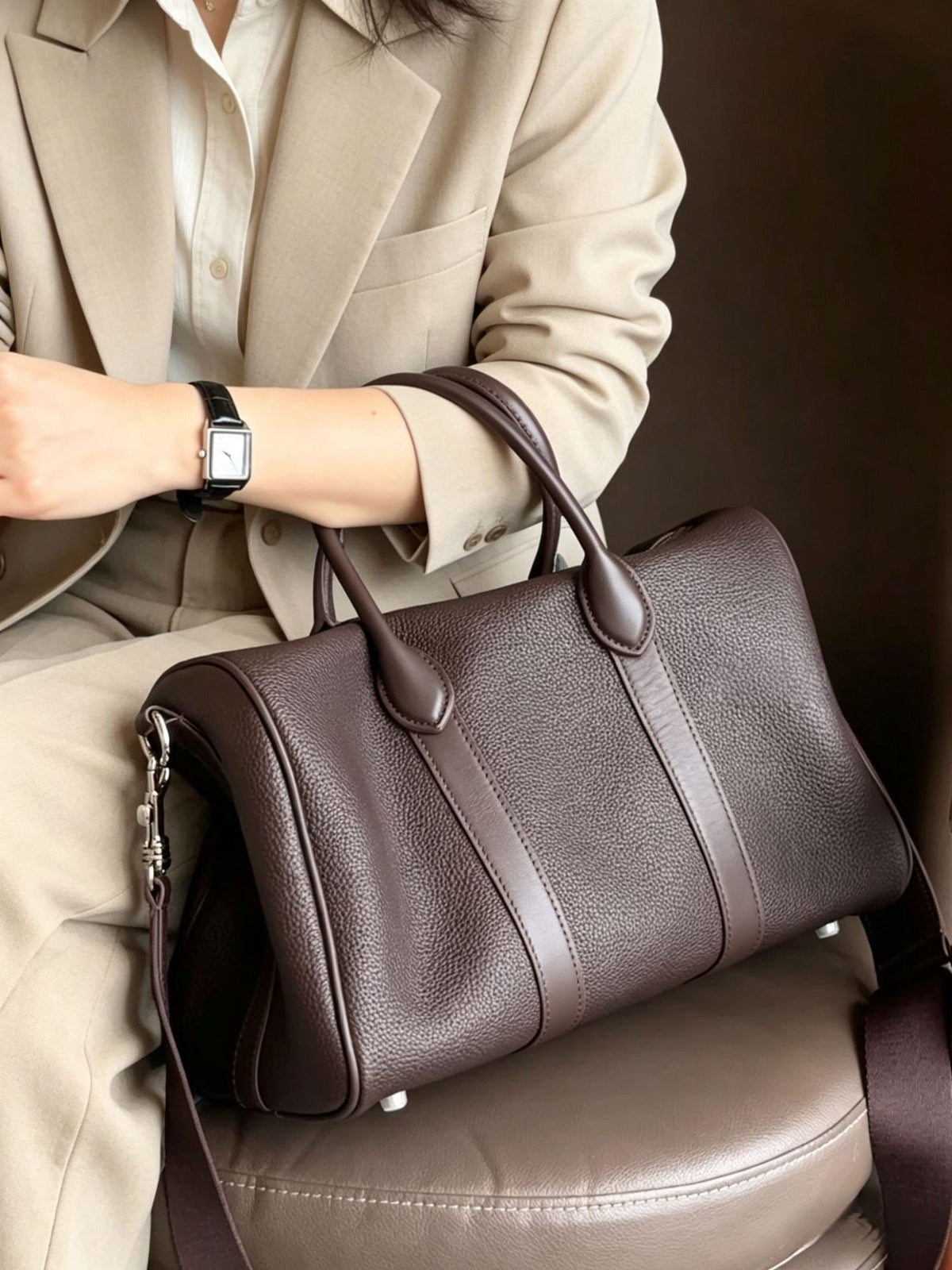 Top Grain Leather Boston Pillow Bag | Large Capacity Casual Travel Genuine Leather Crossbody & Shoulder Bag
