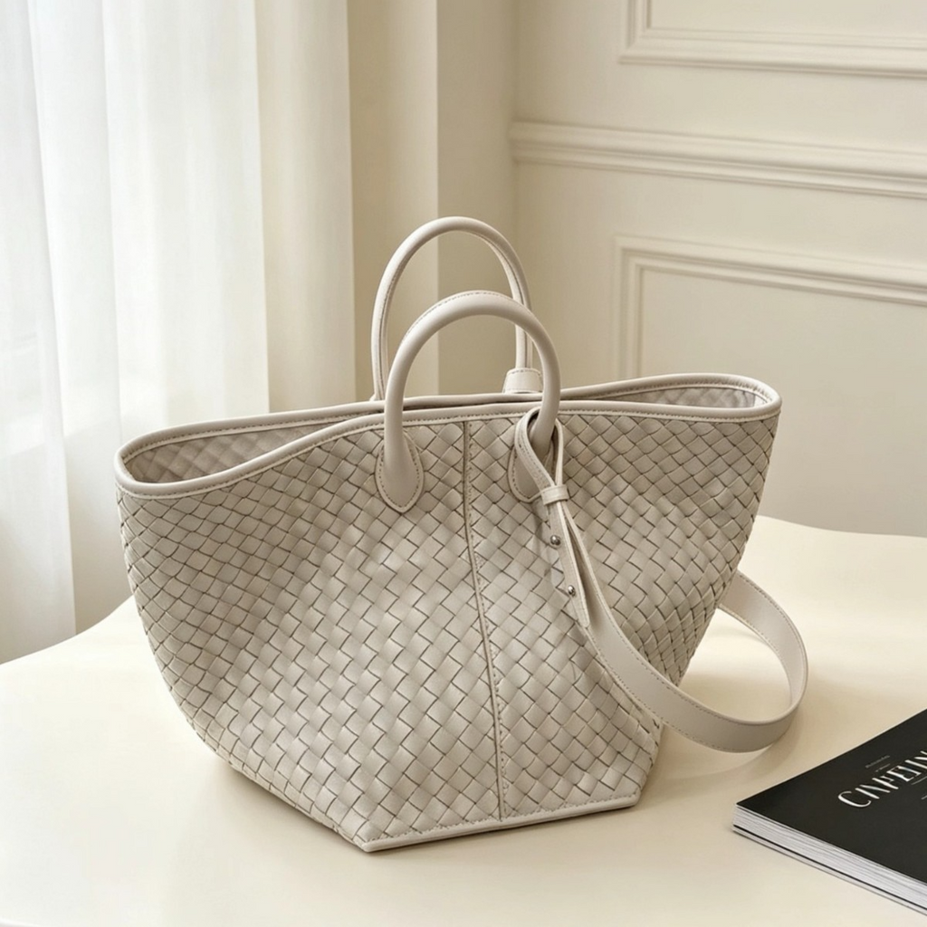 Sheepskin Woven Tote Bag, Supple‑Leather French‑Inspired Vacation‑Style Bucket Bag, Genuine‑Leather Wing Shoulder Bag