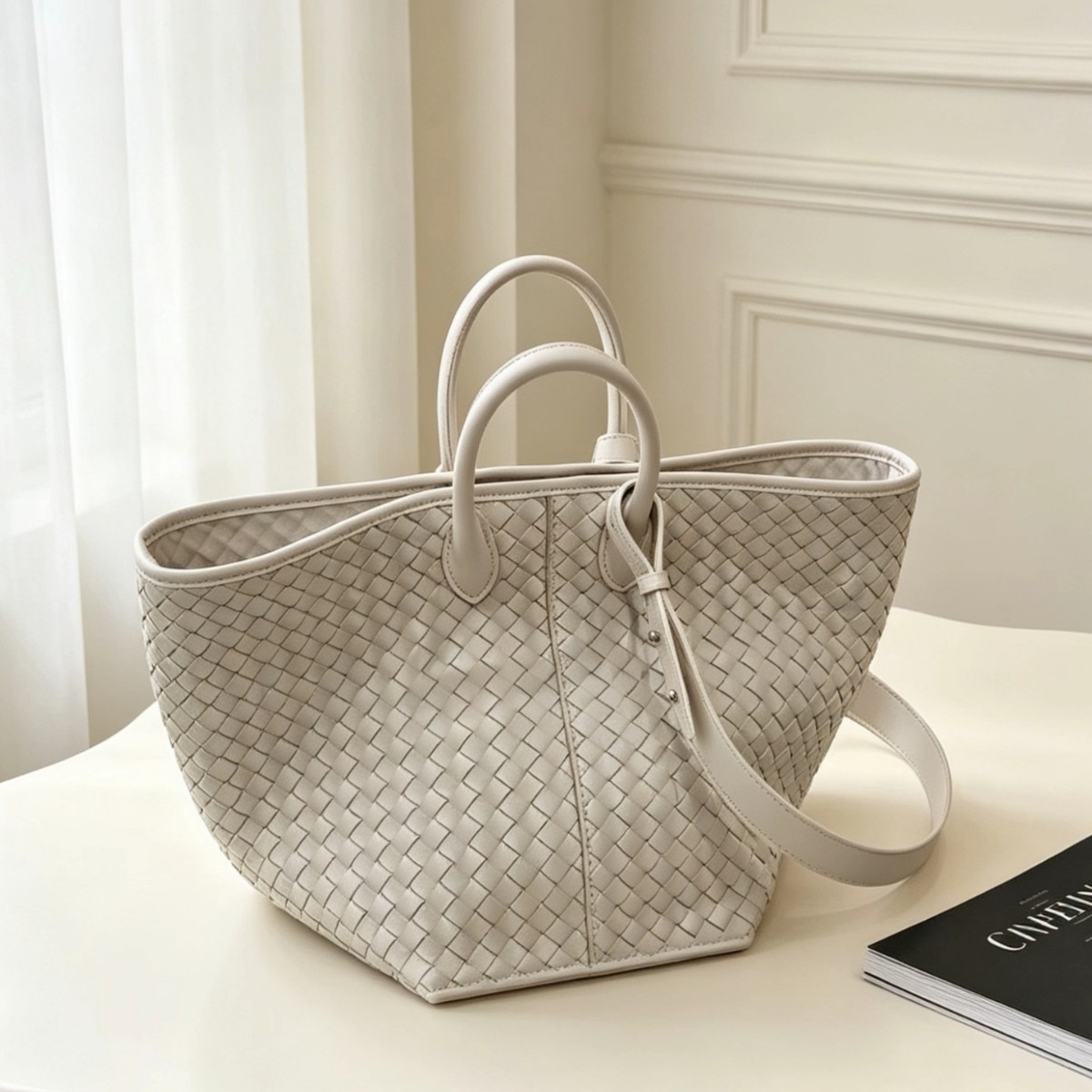 Sheepskin Woven Tote Bag, Supple‑Leather French‑Inspired Vacation‑Style Bucket Bag, Genuine‑Leather Wing Shoulder Bag