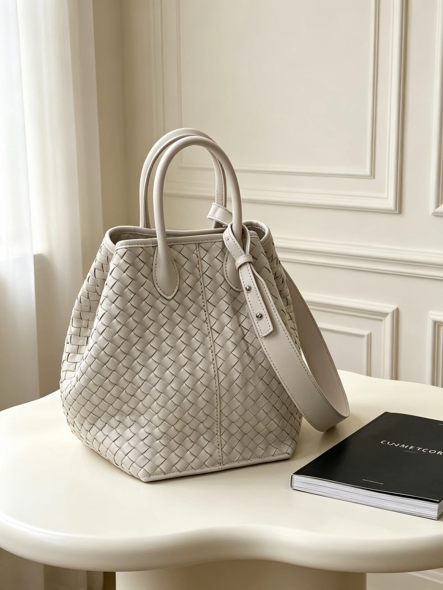 Sheepskin Woven Tote Bag, Supple‑Leather French‑Inspired Vacation‑Style Bucket Bag, Genuine‑Leather Wing Shoulder Bag