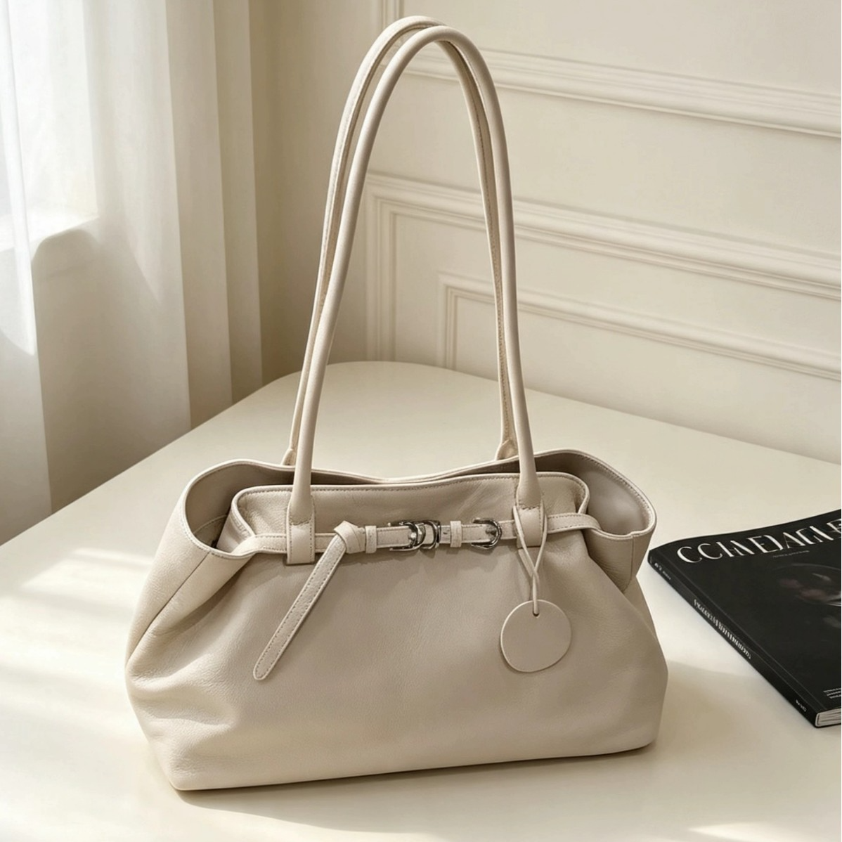 Cowhide Large‑Capacity Fold‑Flap Tote Bag, Minimalist Commuter Genuine‑Leather Shoulder Tote
