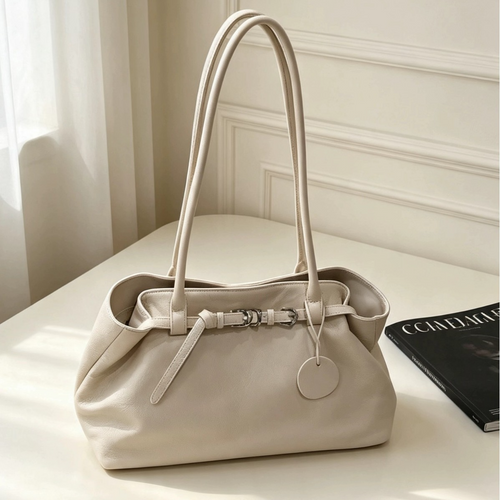 Cowhide Large‑Capacity Fold‑Flap Tote Bag, Minimalist Commuter Genuine‑Leather Shoulder Tote
