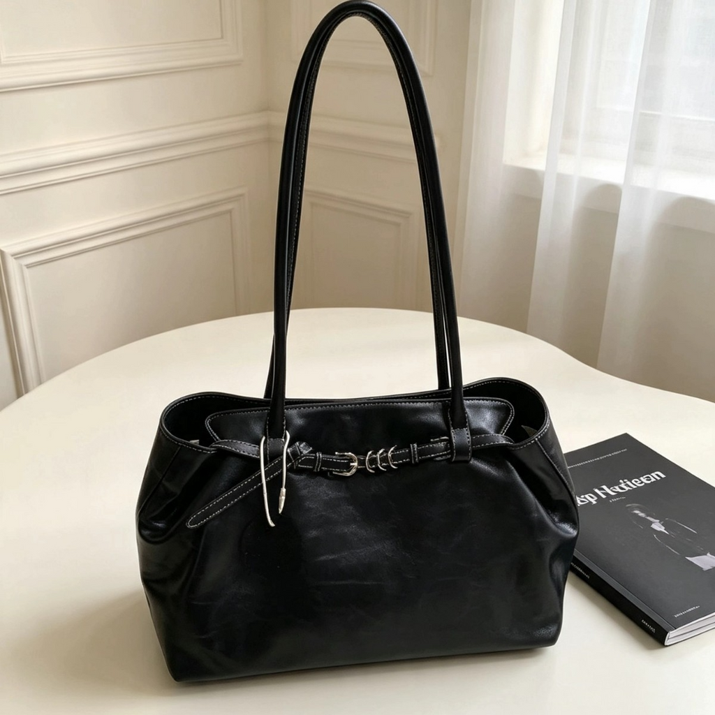 Cowhide Large‑Capacity Fold‑Flap Tote Bag, Minimalist Commuter Genuine‑Leather Shoulder Tote