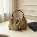 Genuine Suede Ruched Cloud Bag, All‑Leather Hand & Crossbody Bag with Woven Leather Handle