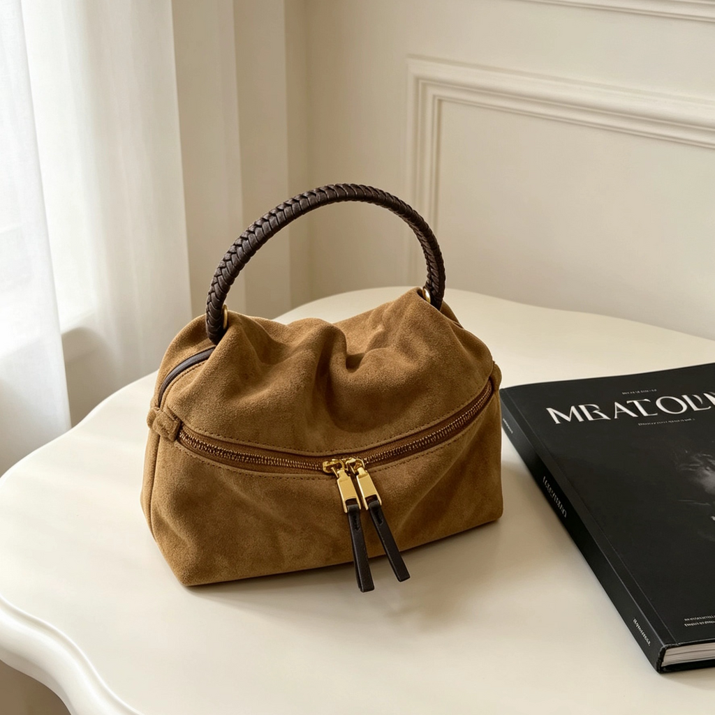 Genuine Suede Ruched Cloud Bag, All‑Leather Hand & Crossbody Bag with Woven Leather Handle