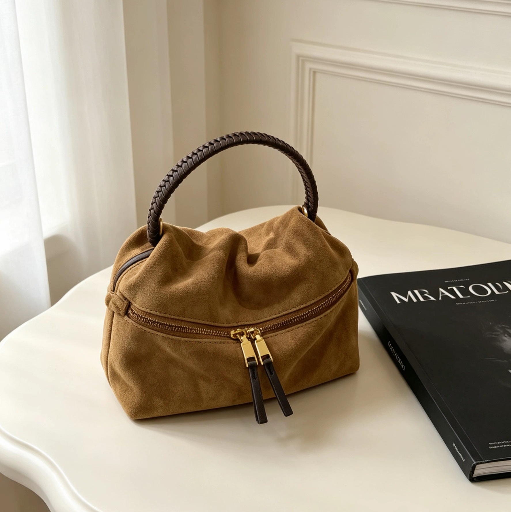 Genuine Suede Ruched Cloud Bag, All‑Leather Hand & Crossbody Bag with Woven Leather Handle