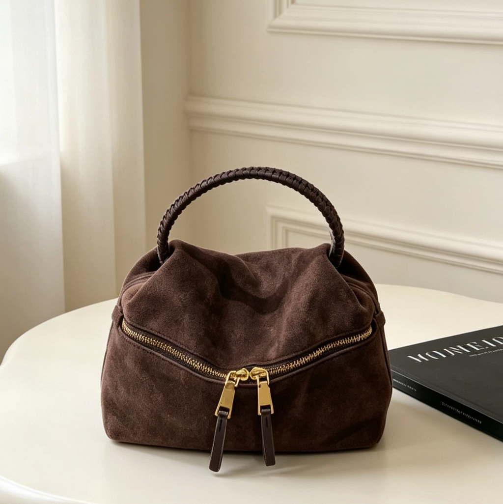 Genuine Suede Ruched Cloud Bag, All‑Leather Hand & Crossbody Bag with Woven Leather Handle
