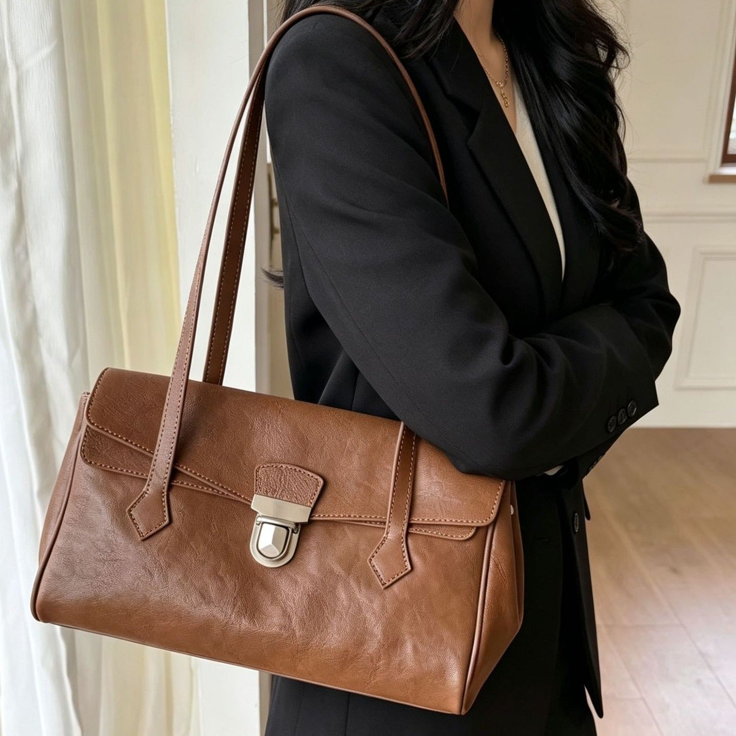 Cowhide Under‑Arm Bag, Solid‑Color Premium Soft Leather Tote Satchel with Lock Closure for Daily Commute Shoulder & Crossbody Handbag
