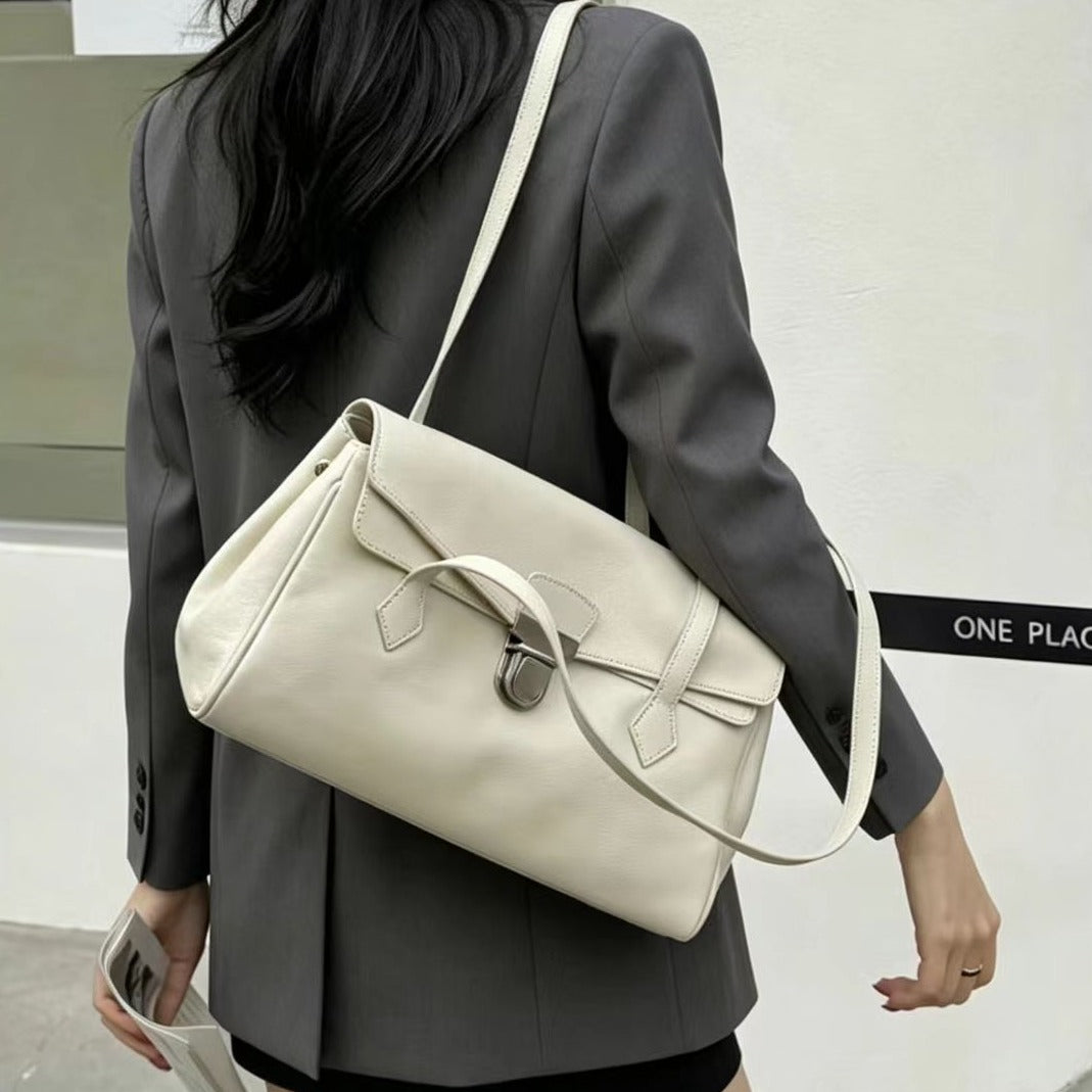 Cowhide Under‑Arm Bag, Solid‑Color Premium Soft Leather Tote Satchel with Lock Closure for Daily Commute Shoulder & Crossbody Handbag