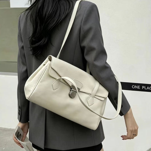Cowhide Under‑Arm Bag, Solid‑Color Premium Soft Leather Tote Satchel with Lock Closure for Daily Commute Shoulder & Crossbody Handbag