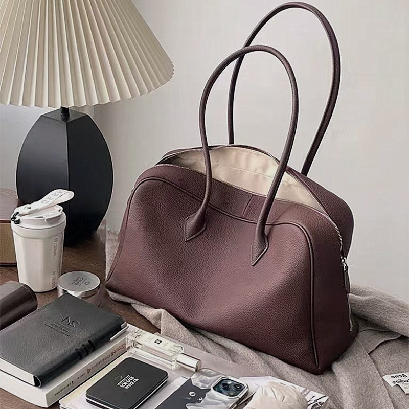 Top Grain Leather Minimalist Boston Bag, Large Capacity Underarm & Shoulder Bag