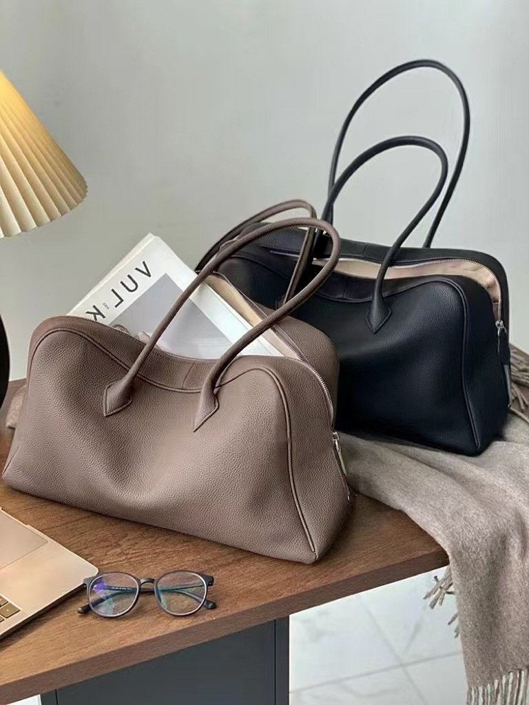 Top Grain Leather Minimalist Boston Bag, Large Capacity Underarm & Shoulder Bag