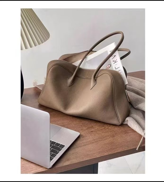 Top Grain Leather Minimalist Boston Bag, Large Capacity Underarm & Shoulder Bag