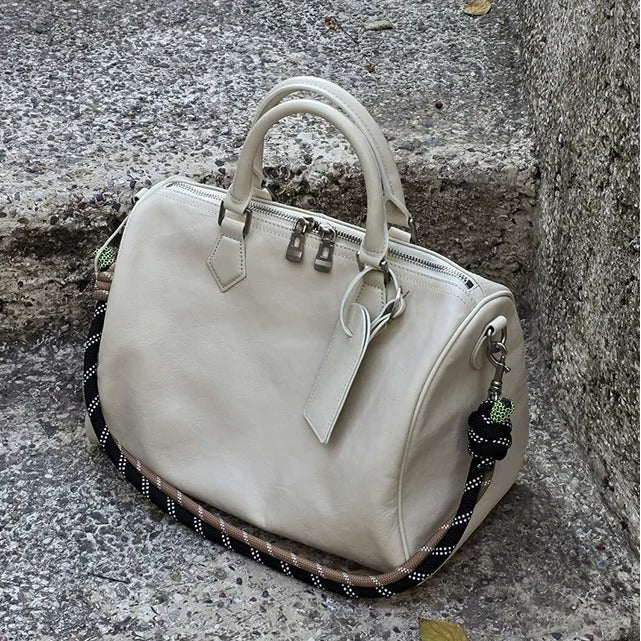 Vintage Boston Bag, woven‑strap bowling shoulder bag, crossbody purse, large‑capacity genuine leather handbag, casual trendy & versatile