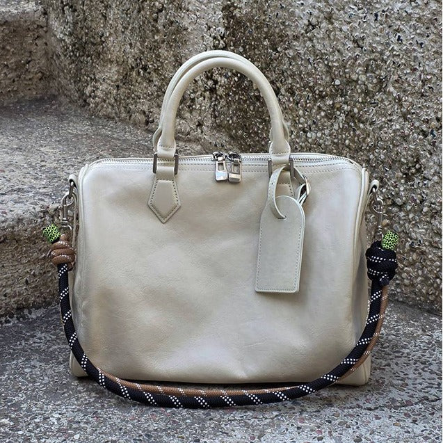 Vintage Boston Bag, woven‑strap bowling shoulder bag, crossbody purse, large‑capacity genuine leather handbag, casual trendy & versatile