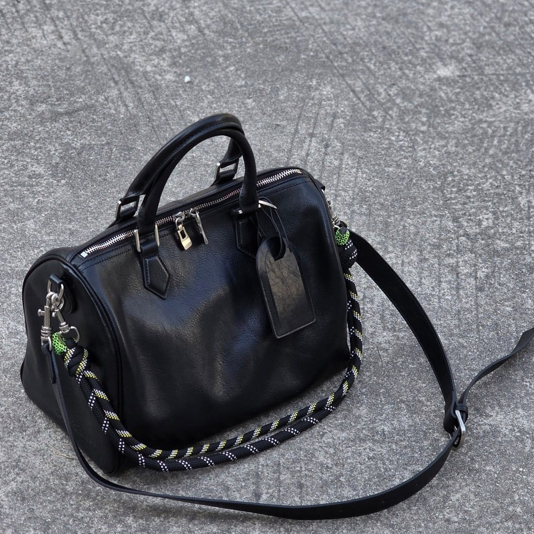 Vintage Boston Bag, woven‑strap bowling shoulder bag, crossbody purse, large‑capacity genuine leather handbag, casual trendy & versatile